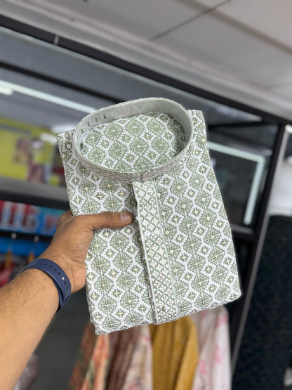 green color rayon lucknowi work kurta for mens
