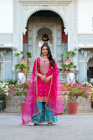 Pink color moonga silk sharara suit 