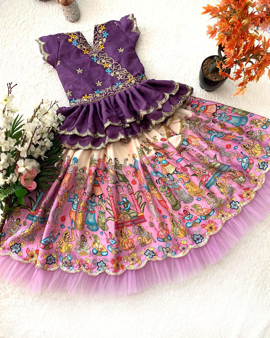 Pink color chinon silk lehenga choli for kids 