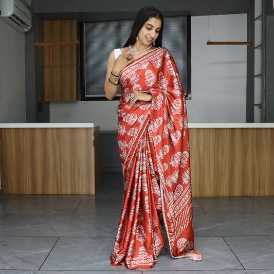 Red color japan satin saree for women online
