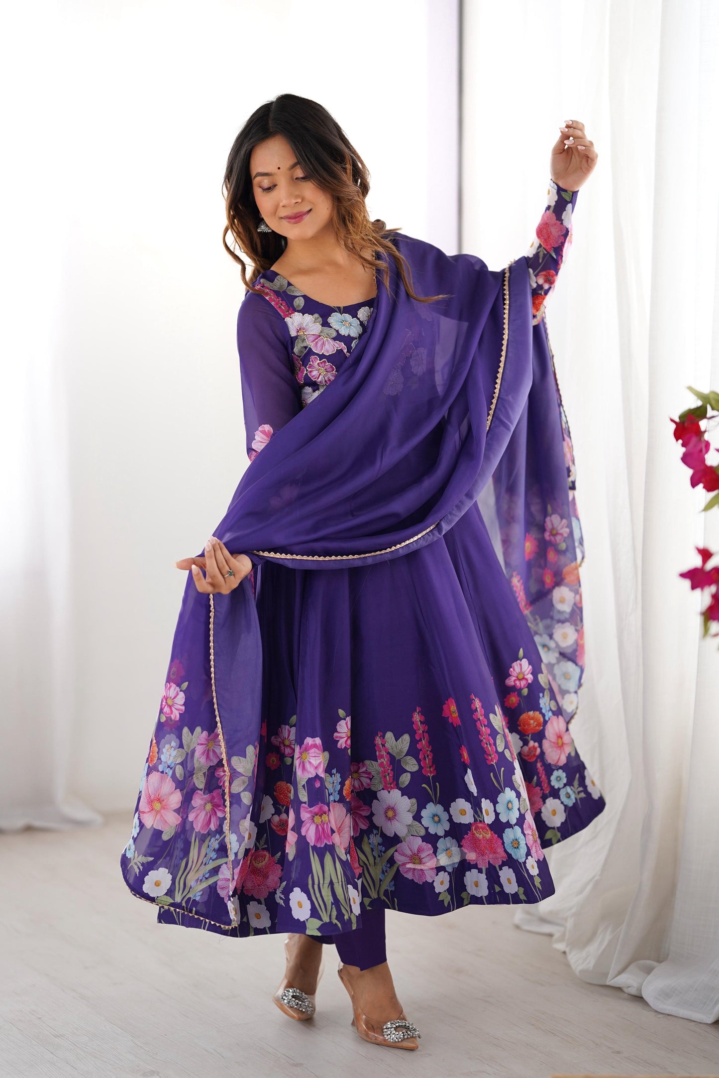 Purple color organza silk salwar suit with dupatta