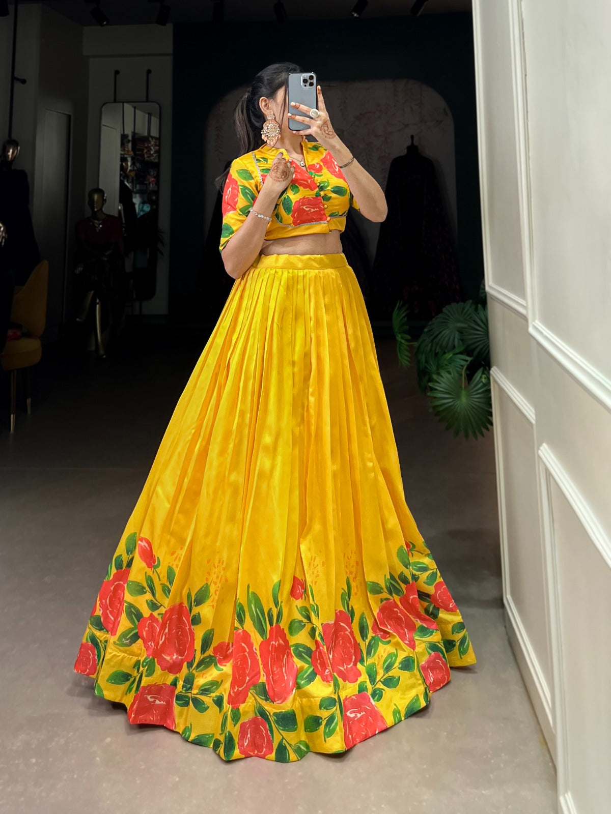 Yellow color tussar silk floral design lehenga choli price