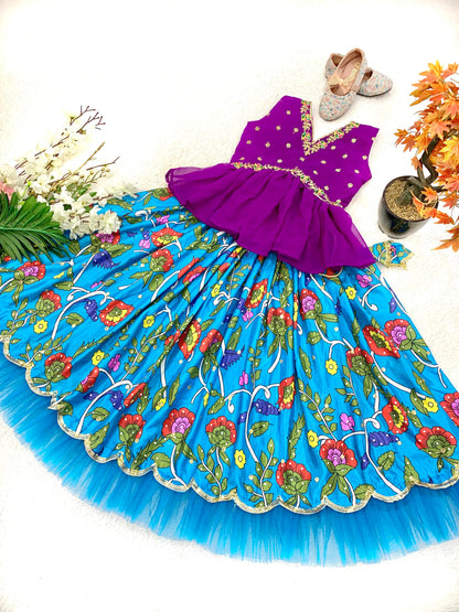 Sky color chinon silk lehenga with top price