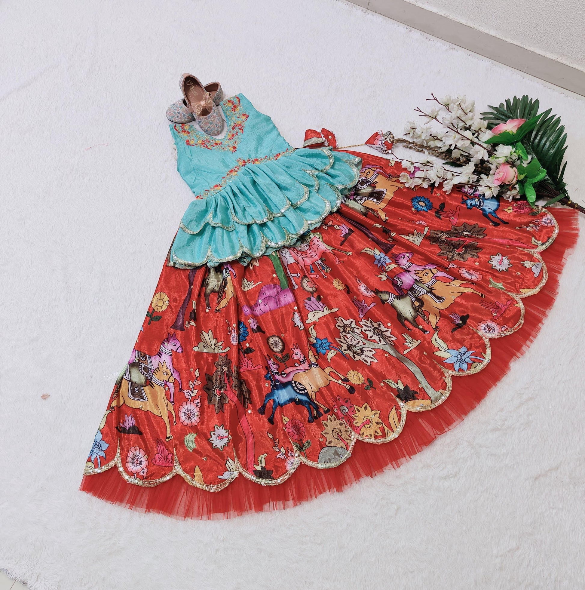 Red color chinon silk lehenga choli for small girls for wedding
