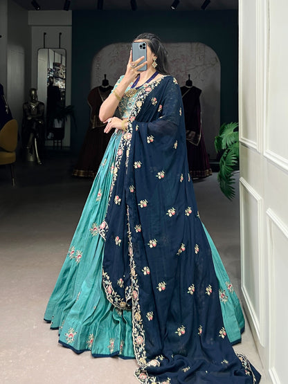 Sea blue embroidery work lehenga
