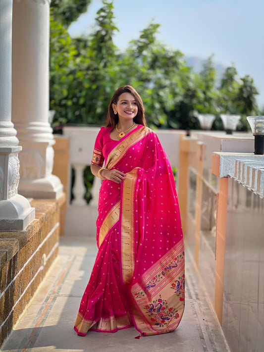 Pink color paithani silk zari weaving saree with blouse price