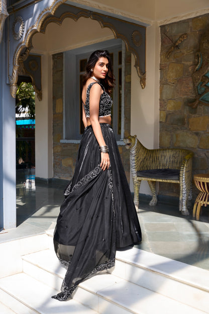 Black color star satin lehenga choli with dupatta price