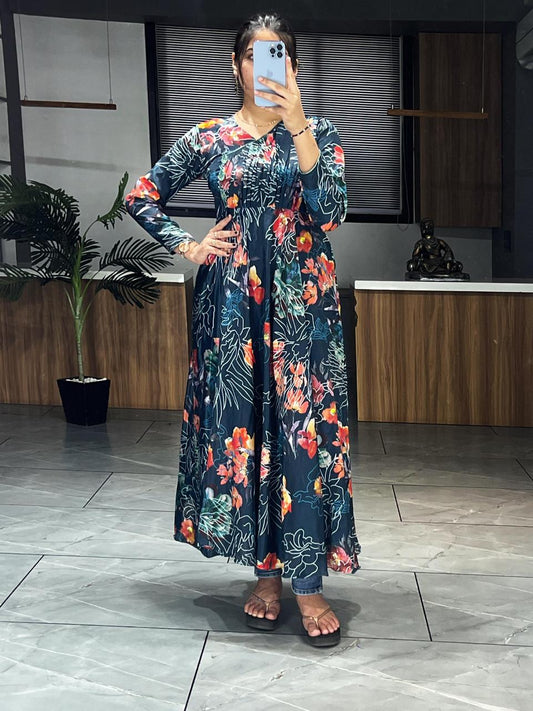 Teal blue color chinon long gown for women