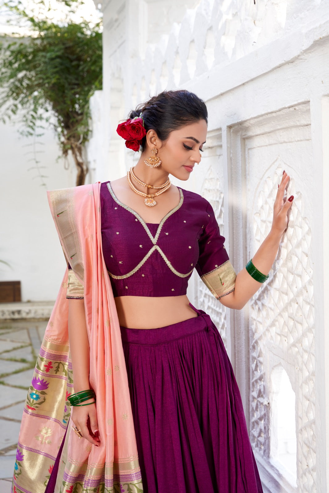 Wine color vichitra silk lehenga choli with dupatta online