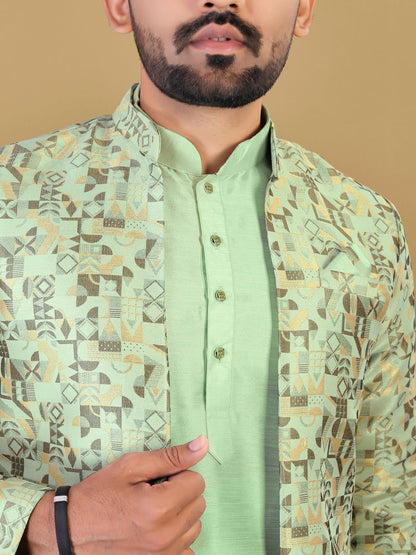 Silk green casual wear kurta with jacket