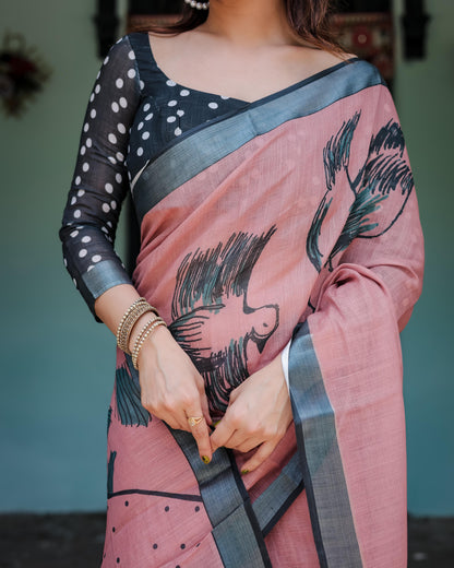 Pink color linen printed saree with blouse price