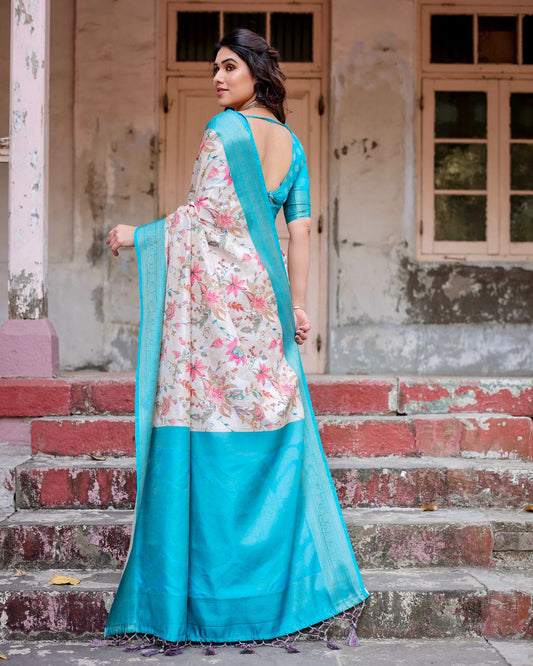 Sky color linen printed saree for party