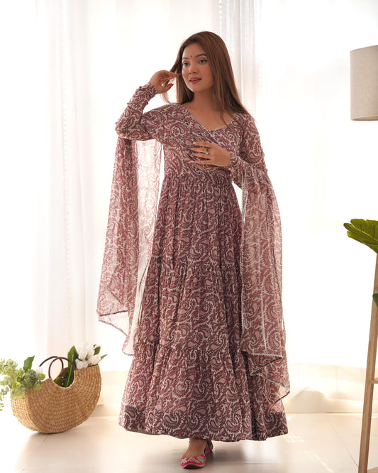 Brown color georgette printed long gown
