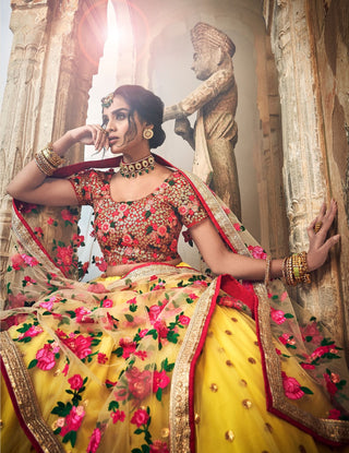 Soft Net Yellow lehenga