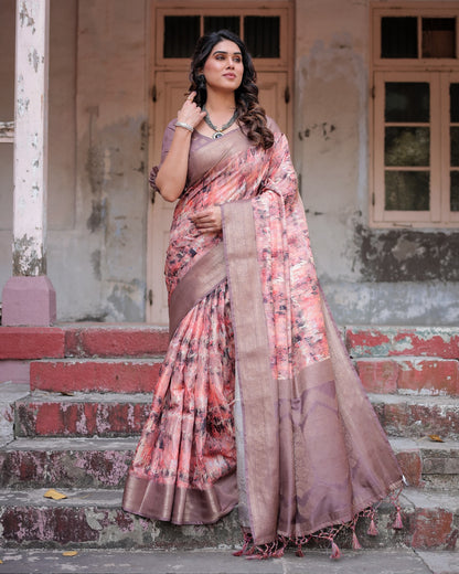 Peach color banarasi silk saree for women