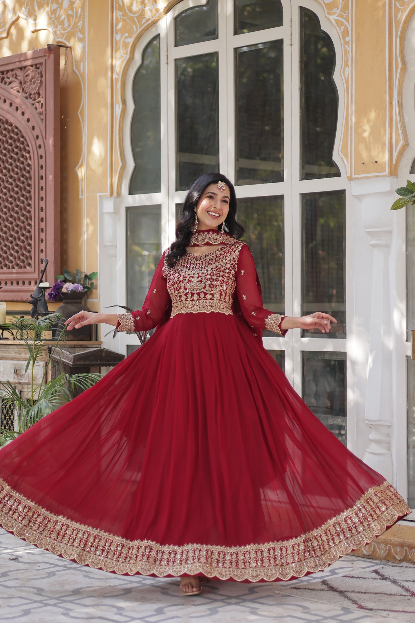 Red color faux blooming long gown online shopping
