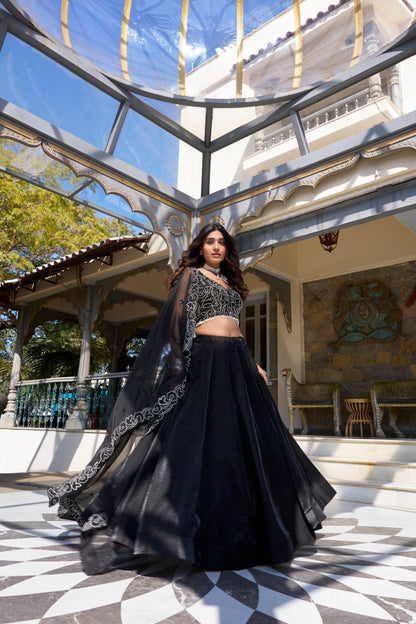 Black color star satin lehenga choli with online
