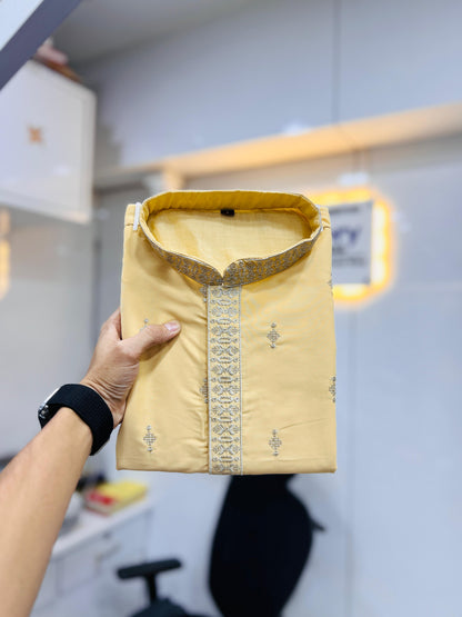 Yellow color silk embroidery work kurta pajama for party