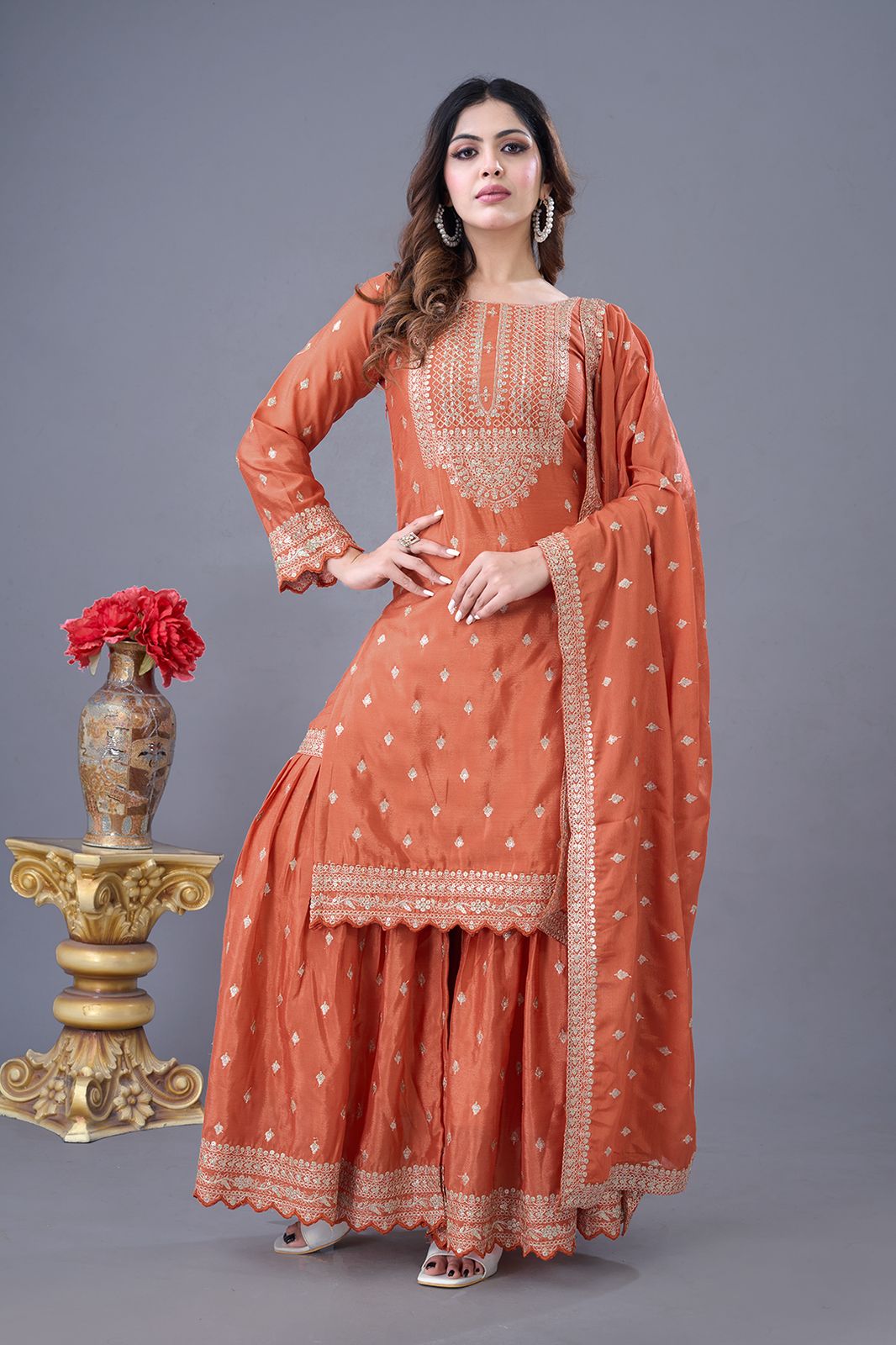 Orange color chinon silk sharara suit with dupatta online