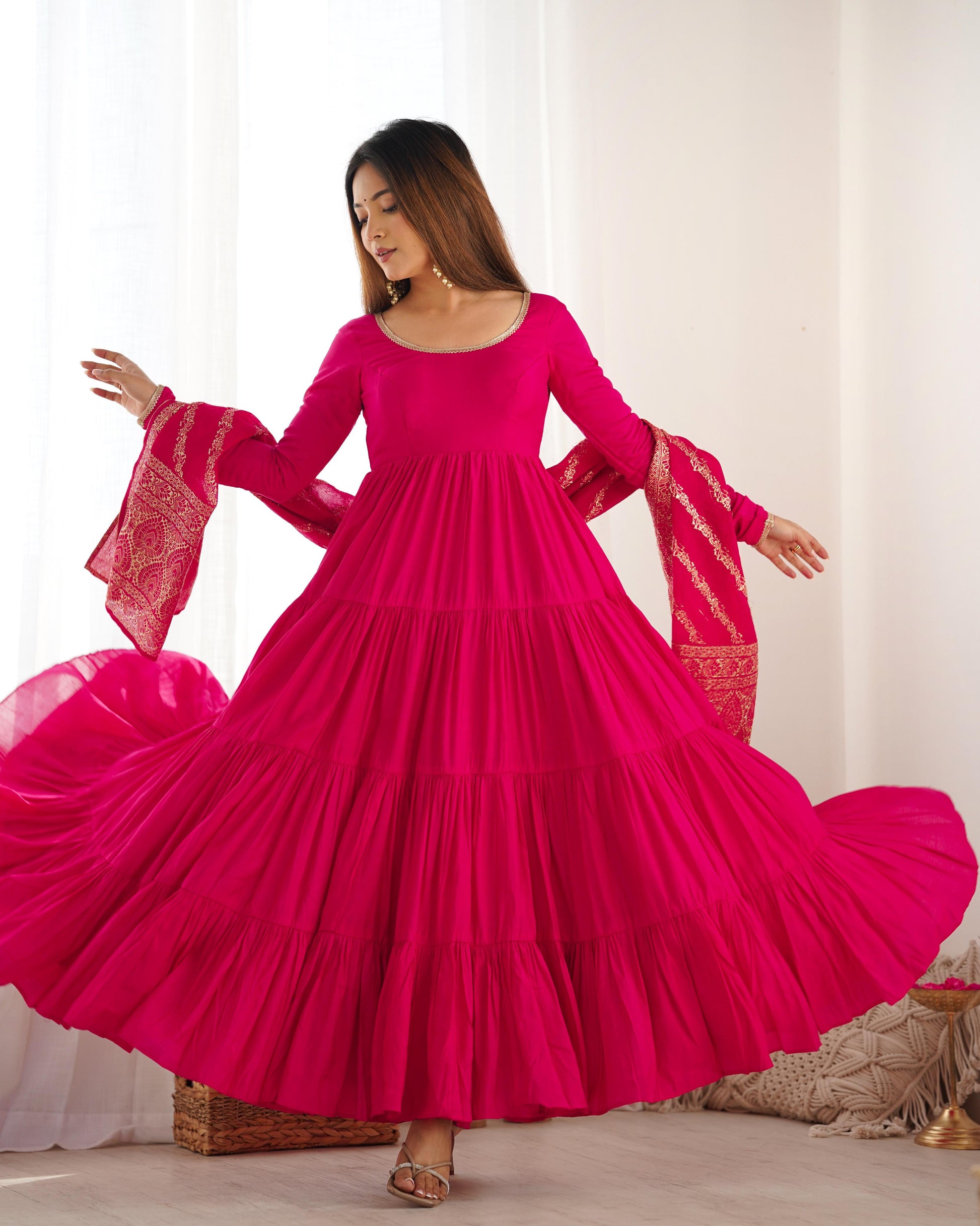Pink color roman silk chanderi long gown price