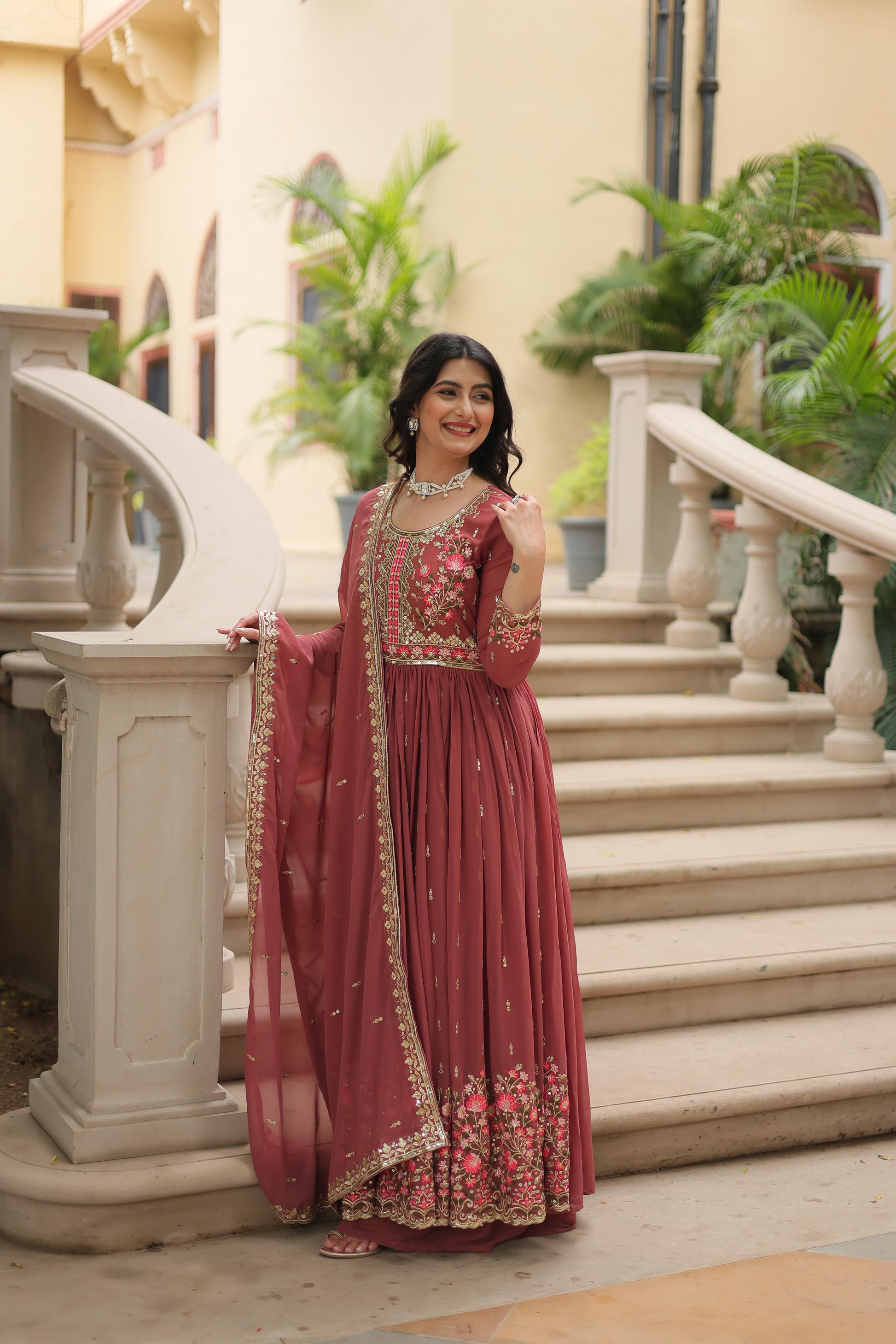 Rust color georgette long sharara suit for women