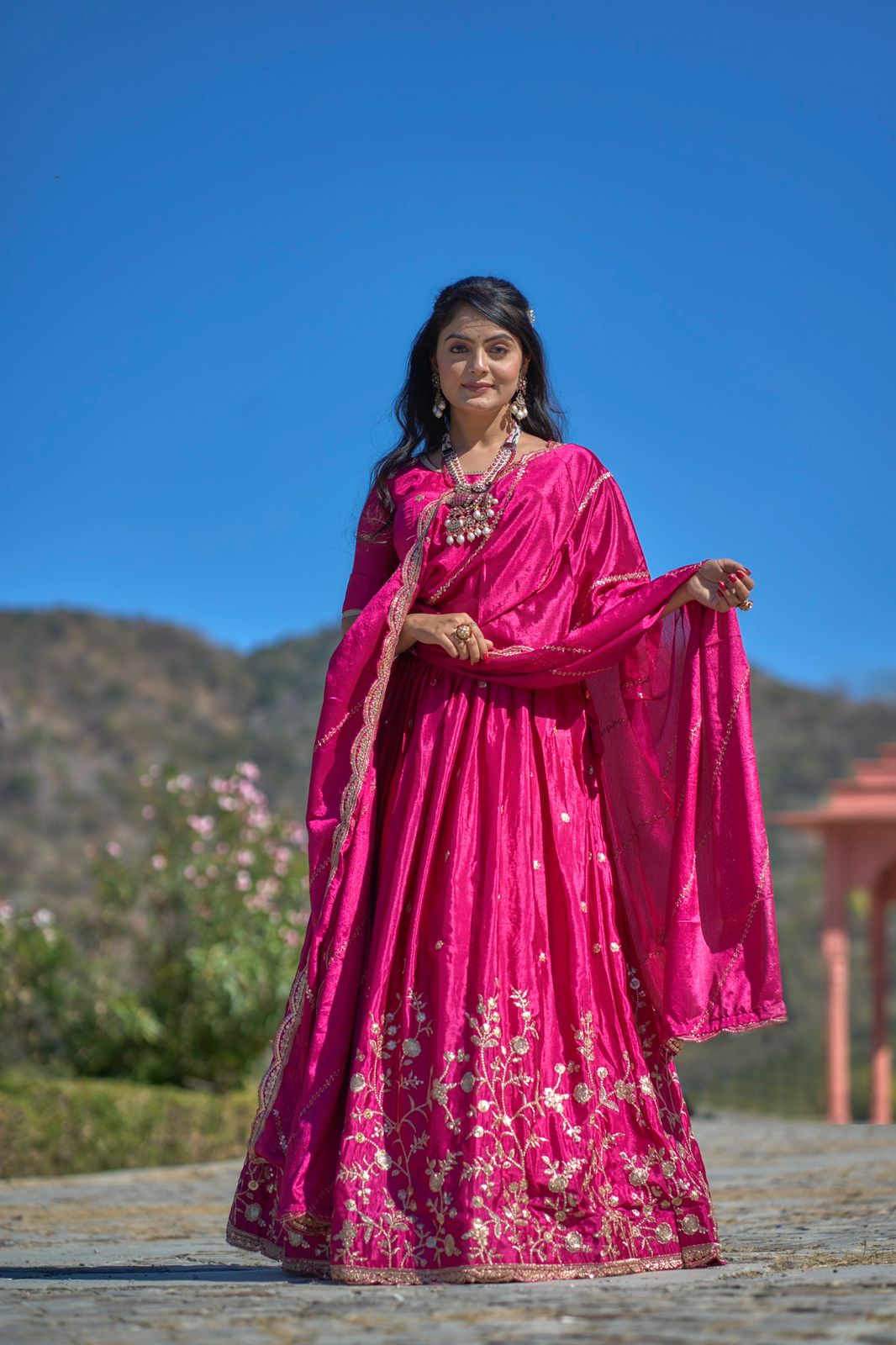 Pink color chinon lehenga choli
