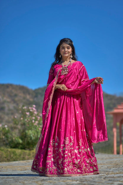 Pink color chinon lehenga choli