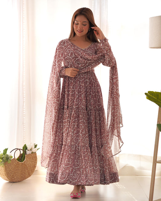 Brown color georgette printed long gown for women