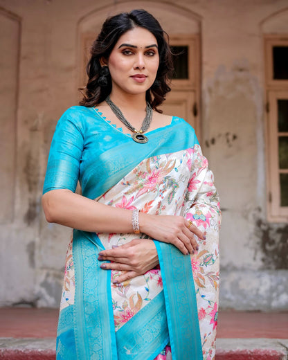 Sky color linen printed saree with blouse online