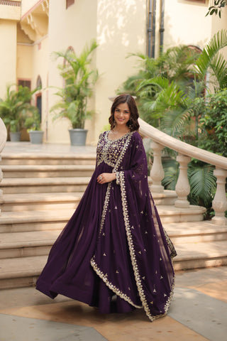 Wine color gown with dupatta