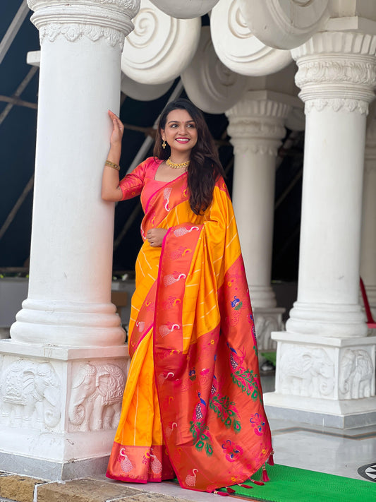 Yellow color paithani silk saree for women online shopping
