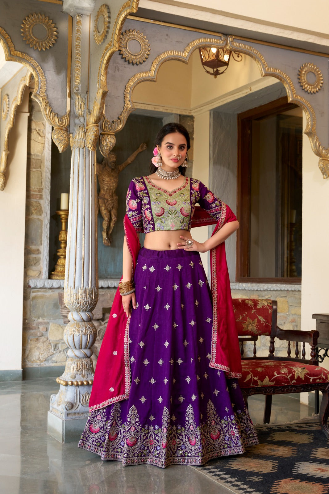 Purple color vichitra silk lehenga choli for wedding