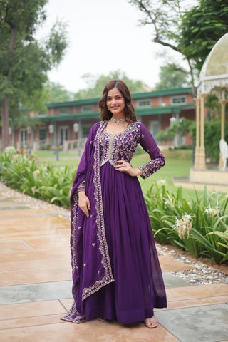 Long sleeve purple georgette gown for women
