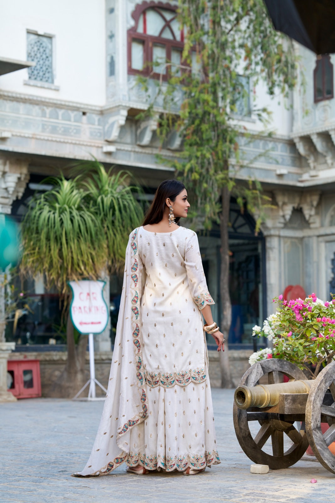 White color vichitra silk sharara suit for wedding