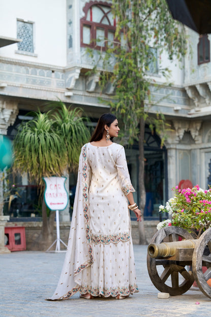 White color vichitra silk sharara suit for wedding