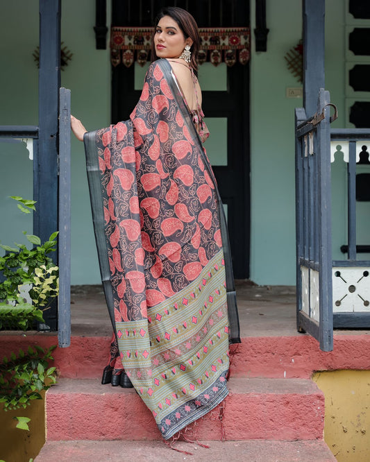 Grey color linen saree with blouse online