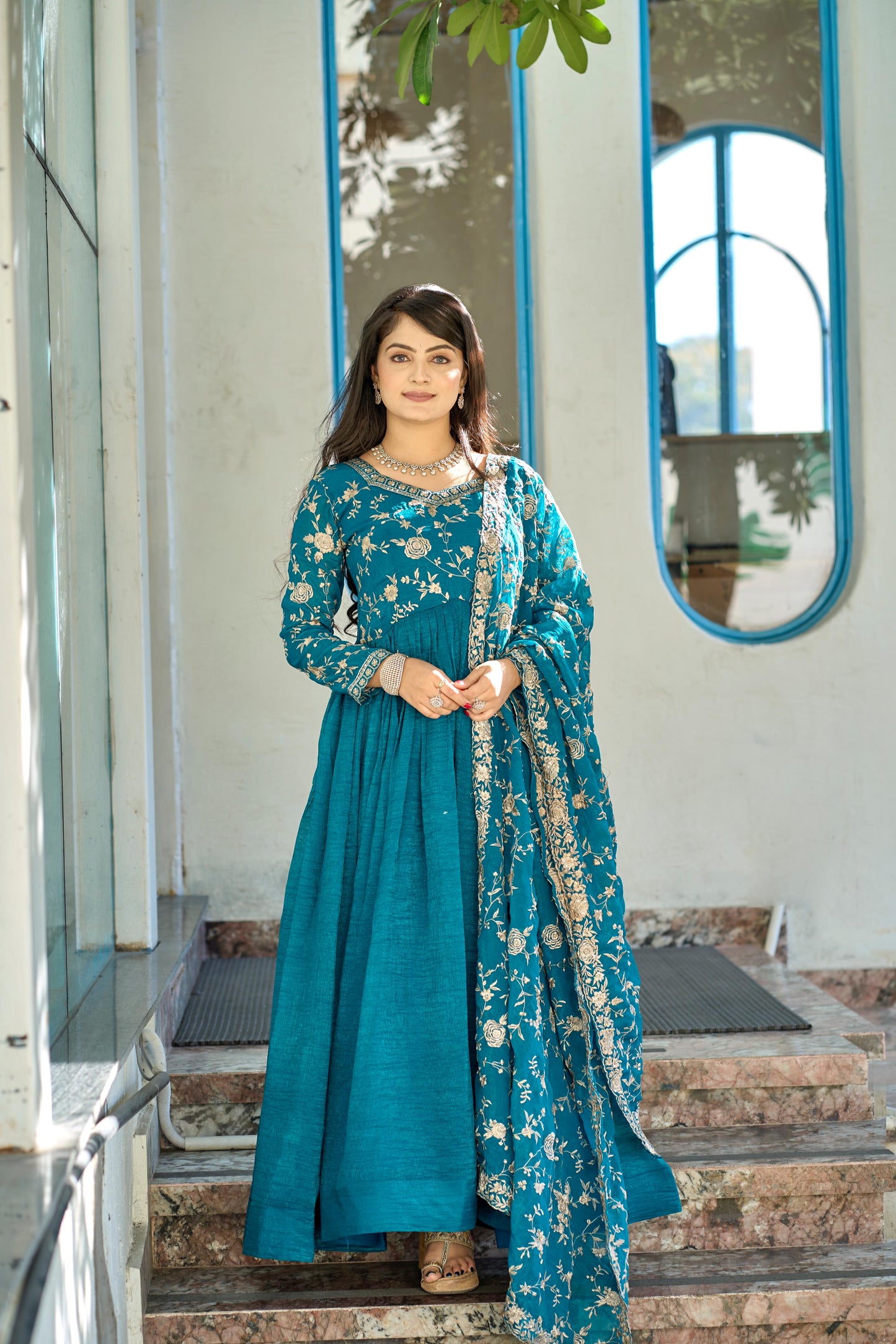 Rama color crunchy gown for wedding
