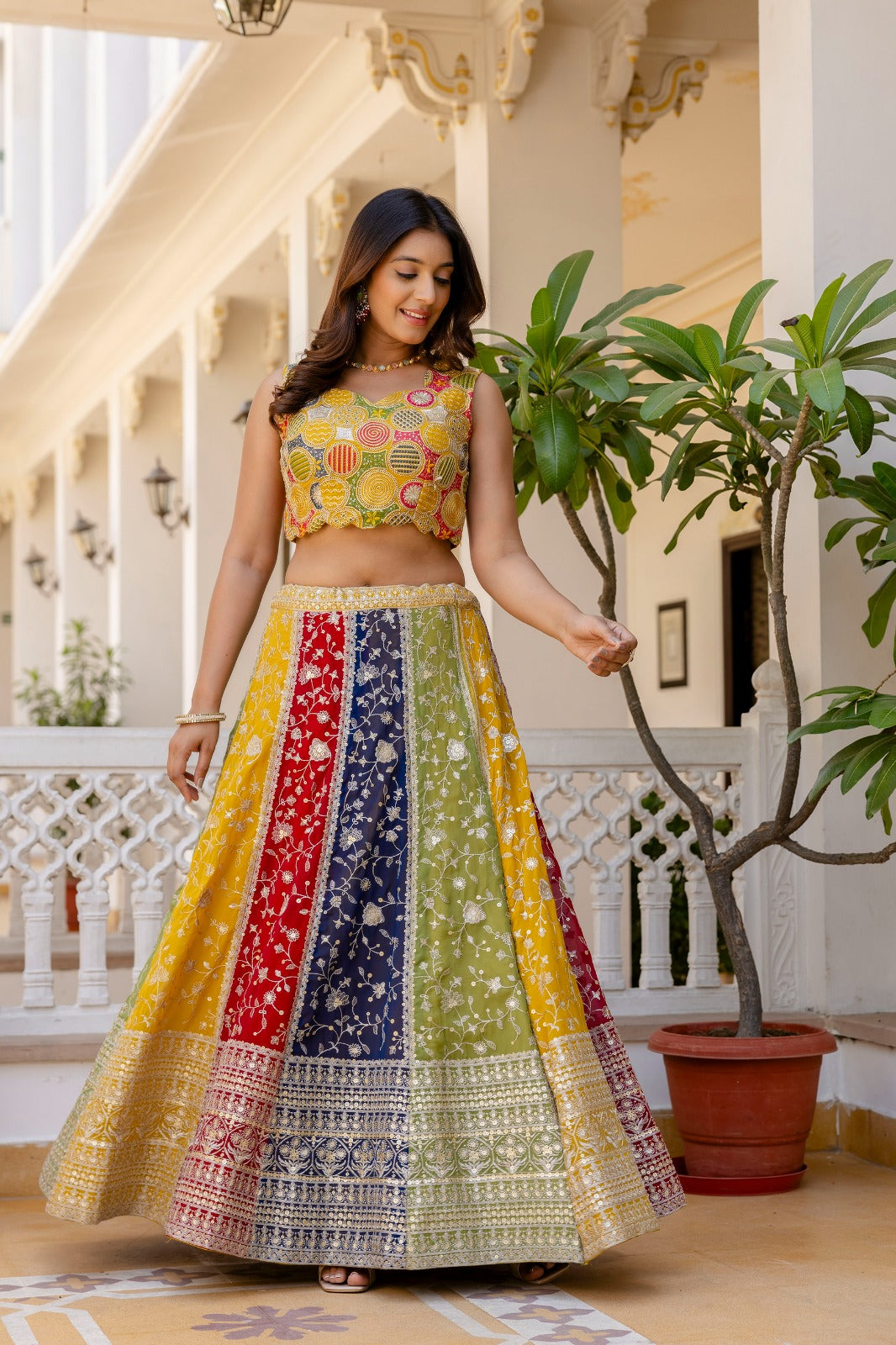 Multi color embroidery work lehenga choli with dupatta