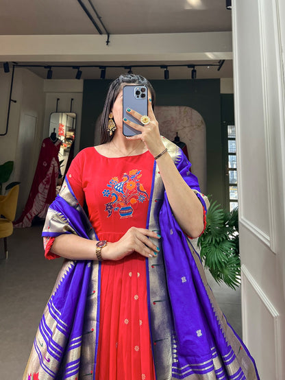 Red color jacquard silk long gown online