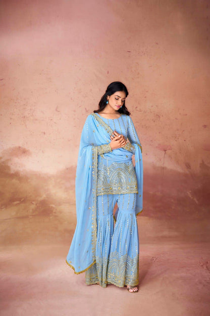 Sky color georgette sharara suit for wedding