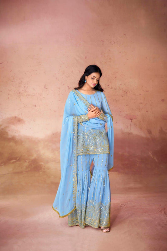 Sky color georgette sharara suit for wedding