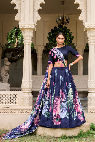 Navy blue tussar silk lehenga choli online shopping
