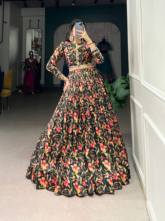 Black color silk printed lehenga choli for women