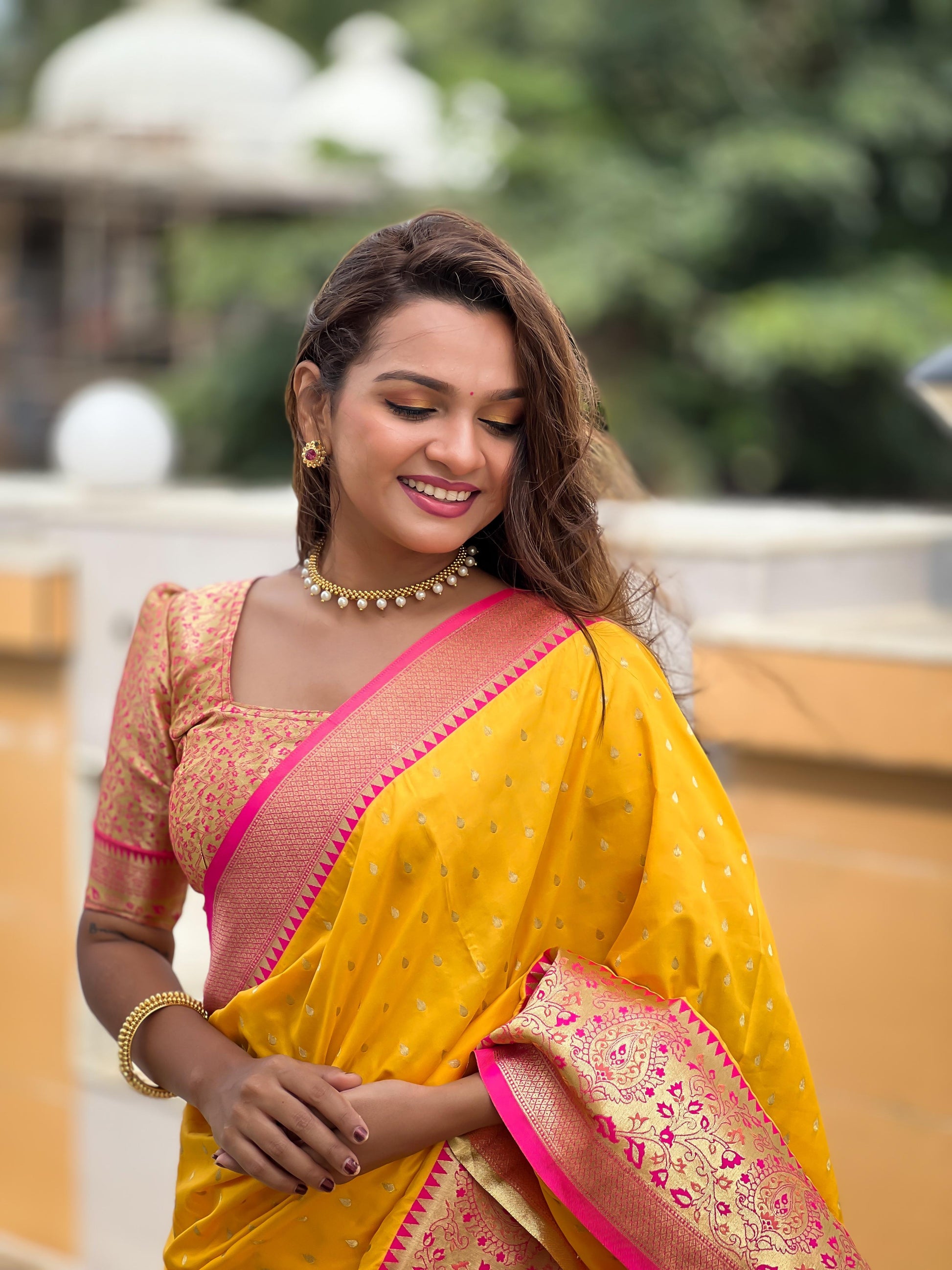 Pure yellow color banarasi silk saree for women
