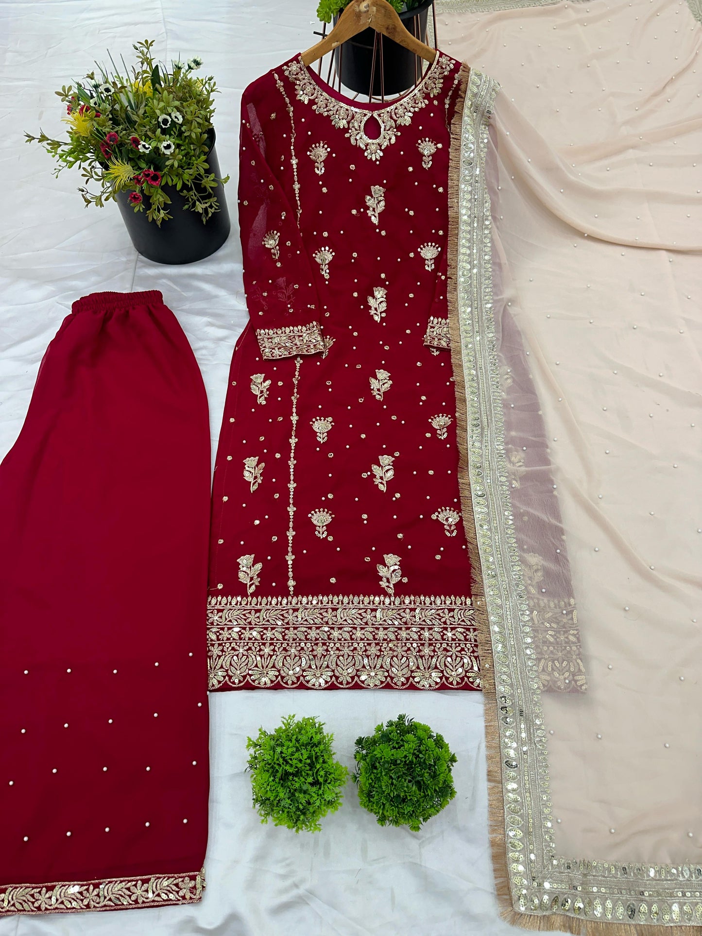 Red color georgette plazzo suit with dupatta images
