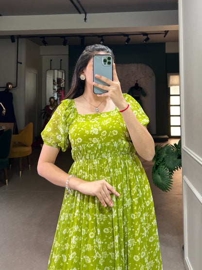 Parrot green georgette printed long gown price