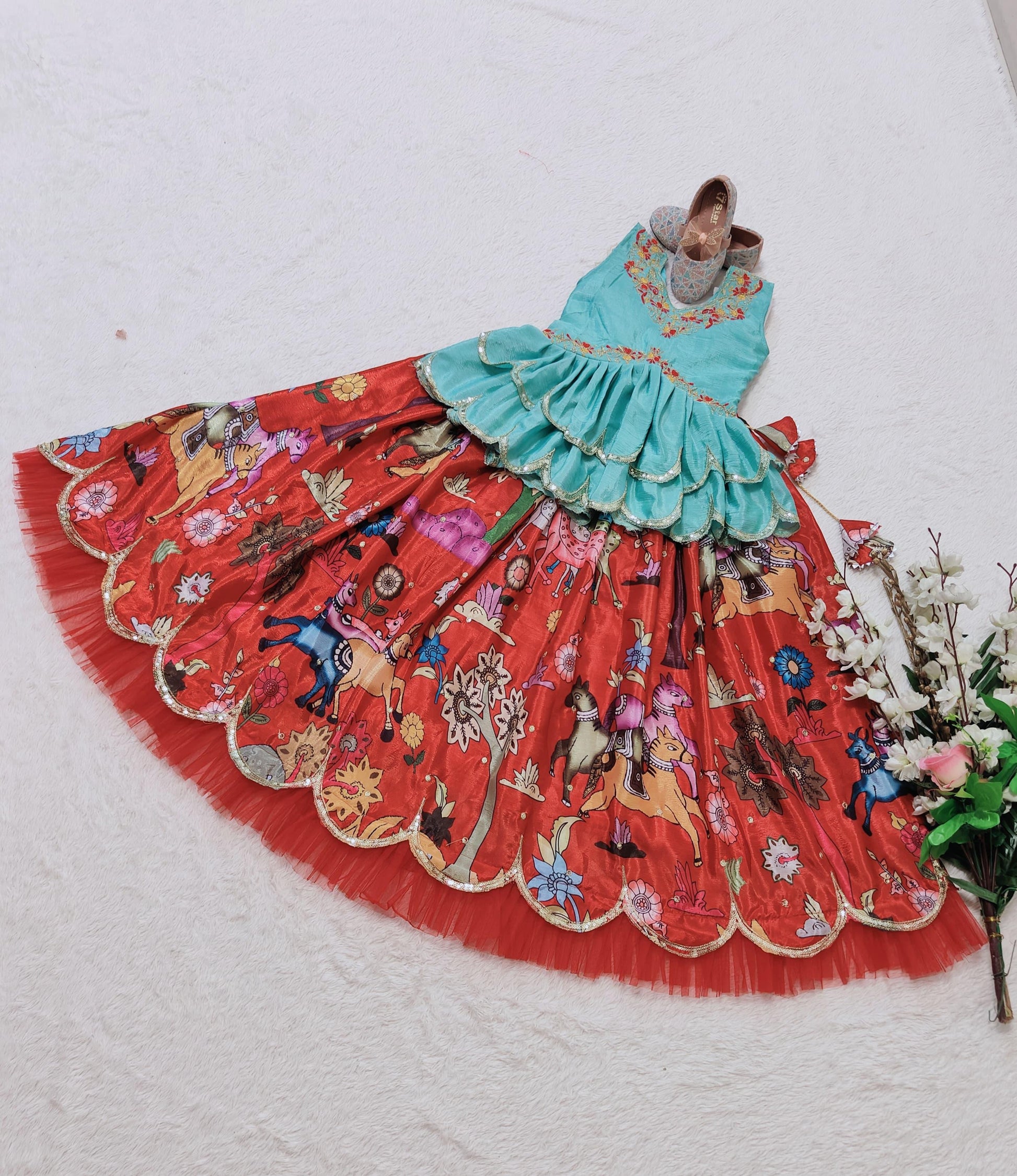 Red color chinon silk lehenga with top for small girls 
