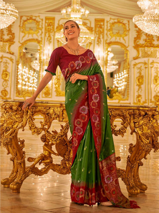 green banarasi silk saree for party