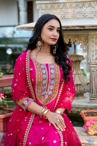 Pink color moonga silk sharara suit with dupatta