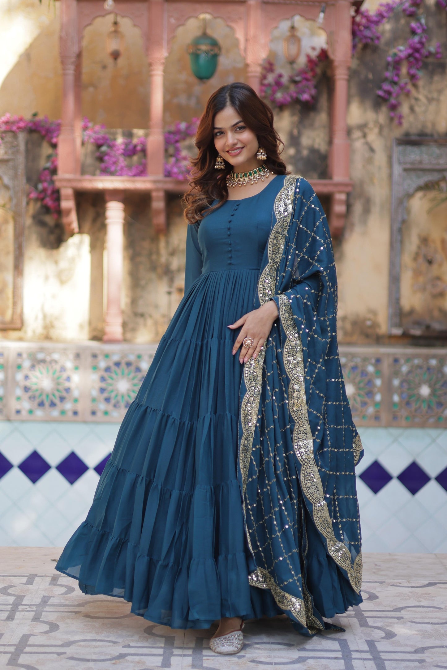 Teal blue color georgette gown for wedding
